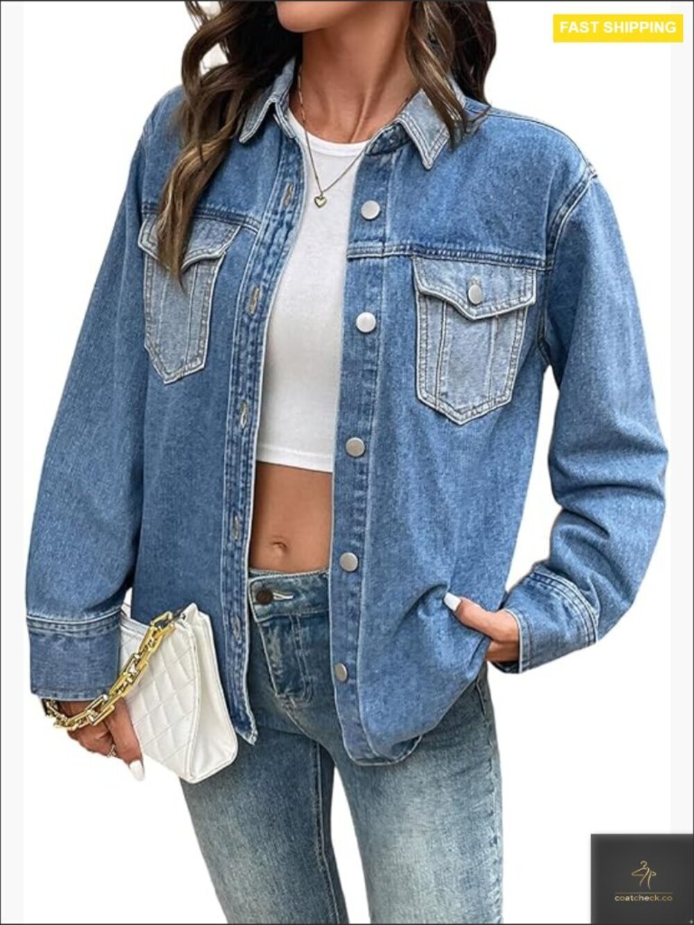 Oversized Boyfriend Denim Jacket Tonal Wash Classic Button Down Long Sleeve